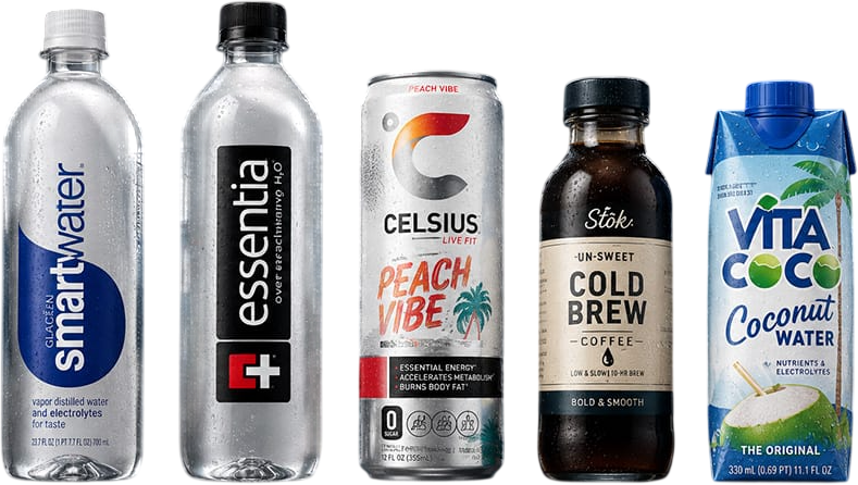 Water, energy drinks, cold brew, and coconut water