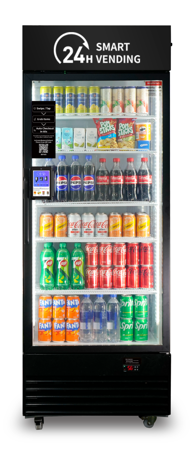 Front view of the HAHA Plus 440 smart cooler with glass door, six shelves, and cashless payment terminal