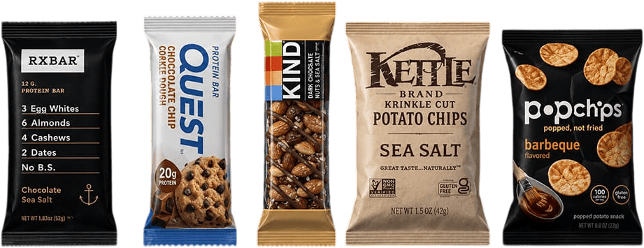 Protein bars, trail mix, granola bars, and better-for-you chips